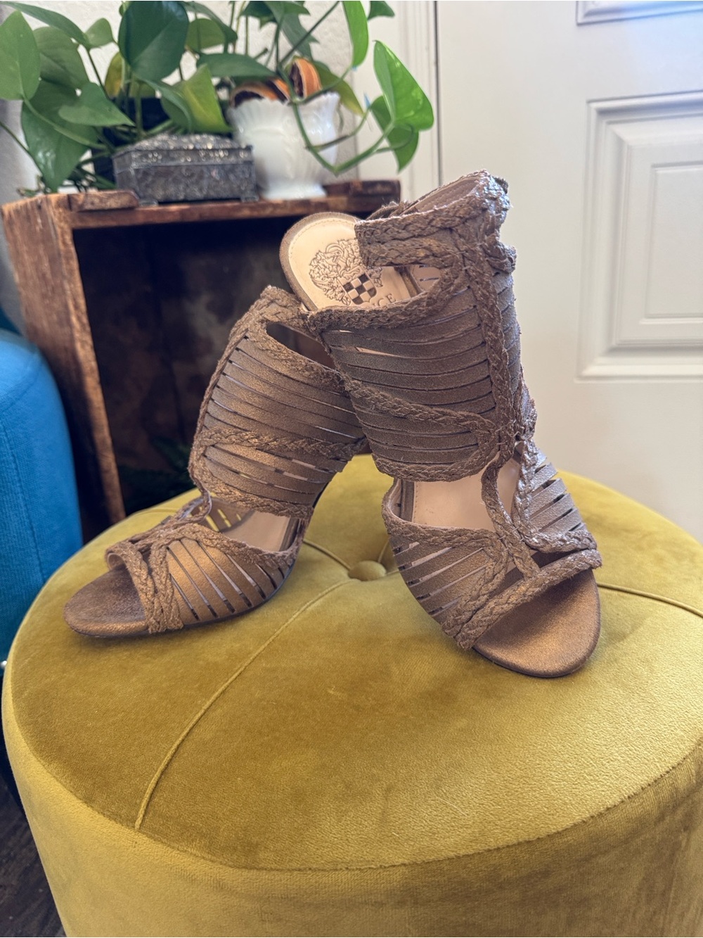 Vince Camuto Braided Strappy High Heel Leather Sandals - Taupe Brown